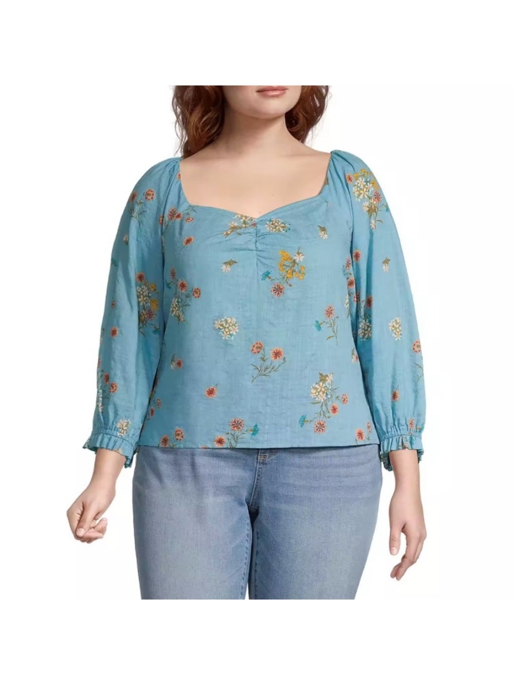 a.n.a Floral Sweetheart Neck Long Sleeve Blouse 2X